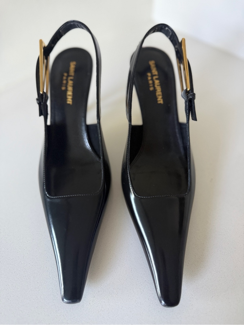 Saint Laurent Black Leather “Lee” Pointed Slingback Sensible Pumps Gold Heel 37